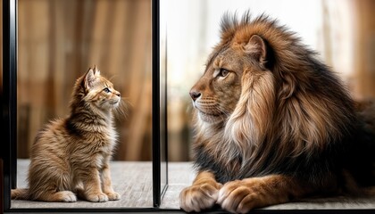 Kitten in Mirror Encountering a Lion A Stunning Blend of Reality and Illusion, Fusing the Playful and Majestic, Showcasing an Unusual Moment of Wild Natures Allure.