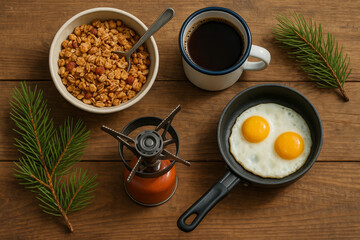 Camping breakfast flat lay with fried eggs, granola, coffee, pine branches, and portable stove – rustic outdoor morning meal setup

