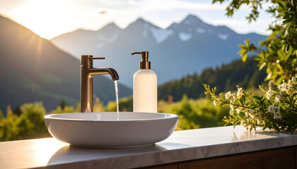 Tranquil Outdoor Bathroom at Sunrise/Sunset with Mountain View