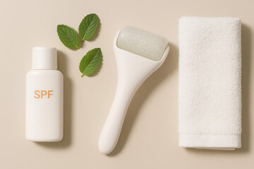 Skincare flat lay with SPF lotion, ice roller, mint leaves, and towel – summer skin care, cooling beauty tools, and facial routine concept

