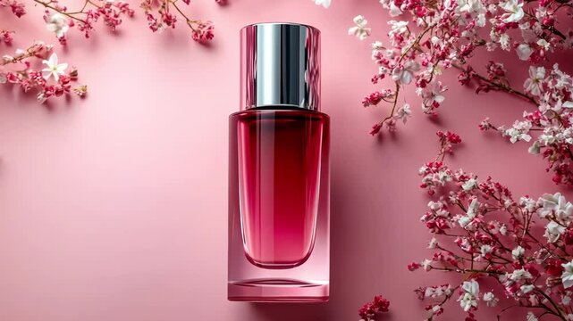 Elegant perfume bottle with spring flowers on pastel pink background, cosmetic aroma.