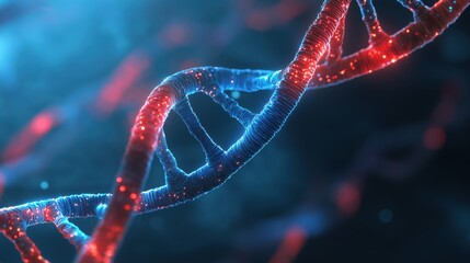 A vibrant 3D rendering of a DNA double helix, with glowing red and blue strands, symbolizing the intricate code of life, genetic research, and biotechnology