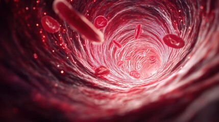 A stunning, highly detailed journey inside a blood vessel, showcasing the dynamic flow of red blood cells, a vivid representation of life's essential circulatory process