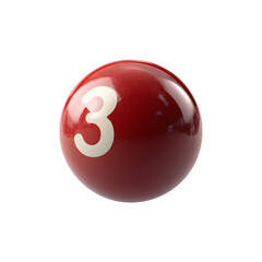 Red billiard ball with number three 3d rendered Isolated on transparent background