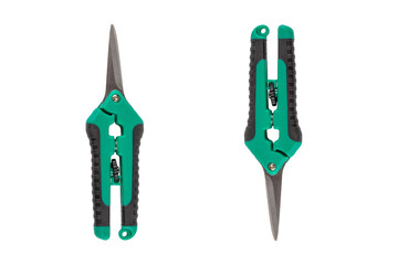 Scissors for metal cutting with rubber handles in green color isolated on transparent background
