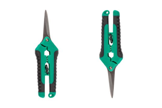Scissors for metal cutting with rubber handles in green color isolated on transparent background