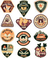Cute wildlife outdoor adventure explorers badges collection vector labels for children baby kids wear shirt sweatshirt pajamas print or embroidery