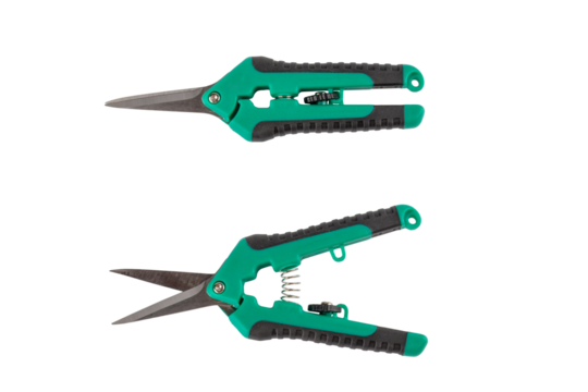 Scissors for metal cutting with rubber handles in green color isolated on transparent background