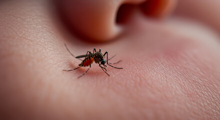 Close-up of mosquito biting skin on child's face  