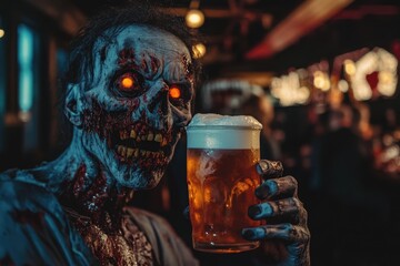 Scary zombie enjoying a beer at a festive Halloween party in a lively bar setting surrounded by decorations and partygoers