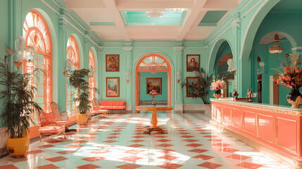 vintage-themed art showcase | eccentric order | quirky elegance | sky blue and coral | grid alignment | ornate lobbies | vignette balance | stylized realism | fictitious European hotel | modern