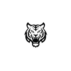 Aggressive Tiger Head Illustration in Black and White Minimalist Style