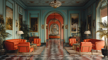 vintage-themed art showcase | eccentric order | quirky elegance | sky blue and coral | grid alignment | ornate lobbies | vignette balance | stylized realism | fictitious European hotel | modern