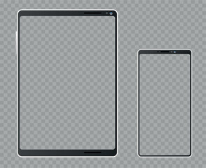 Realistic mockup blank tablet or smartphone screen isolated on transparent background. Touchscreen front view. Mobile empty display. Isolated cellphone frame. Vector electronic devices set