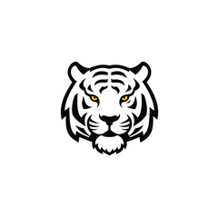 Striking Tiger Head Illustration with Bold Black Outlines and Yellow Eyes