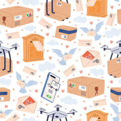 Postal seamless pattern. Parcels and letters. Postcard sending. Mobile phone app. Repeated print. Post correspondence in mailboxes. Delivery drones and carrier pigeons. Vector background