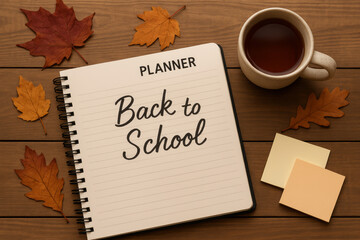 Back to school flat lay with planner, autumn leaves, sticky notes, and tea – fall study setup, planning, and academic season concept

