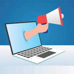 Social media ads megaphone speaker or loudspeaker promotion, megaphone with laptop and social media	
