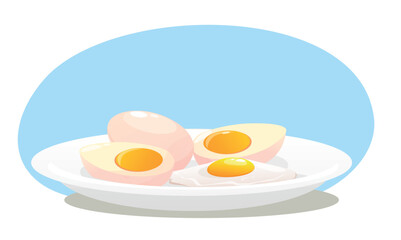 Plate with boiled and fried eggs whole or split into two halves. Cooked yolk cutting. Natural protein. Healthy morning meal. Diet organic food. Prepared chicken product. Vector concept