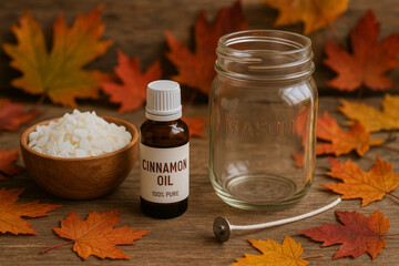 Autumn DIY flat lay with cinnamon essential oil, jar, wax pellets, and spoon on rustic wood with fall leaves – natural home scent making

