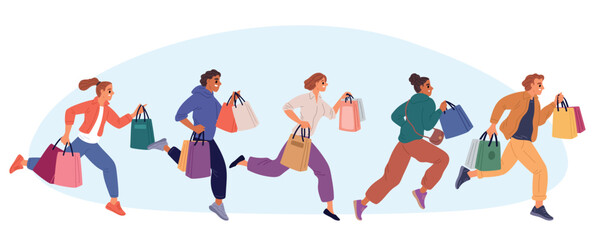 Men and women with bags running to shopping. Customers carrying packets from store. Rush and hurry people. Shop discount. Buyers make purchases. Shopaholic persons group. Vector concept