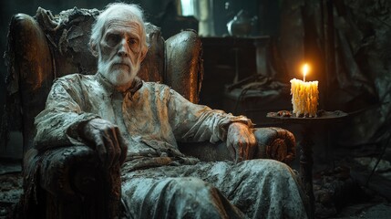 Eerie portrait of an old man in a tattered suit with candlelit ambiance  horror and mystery