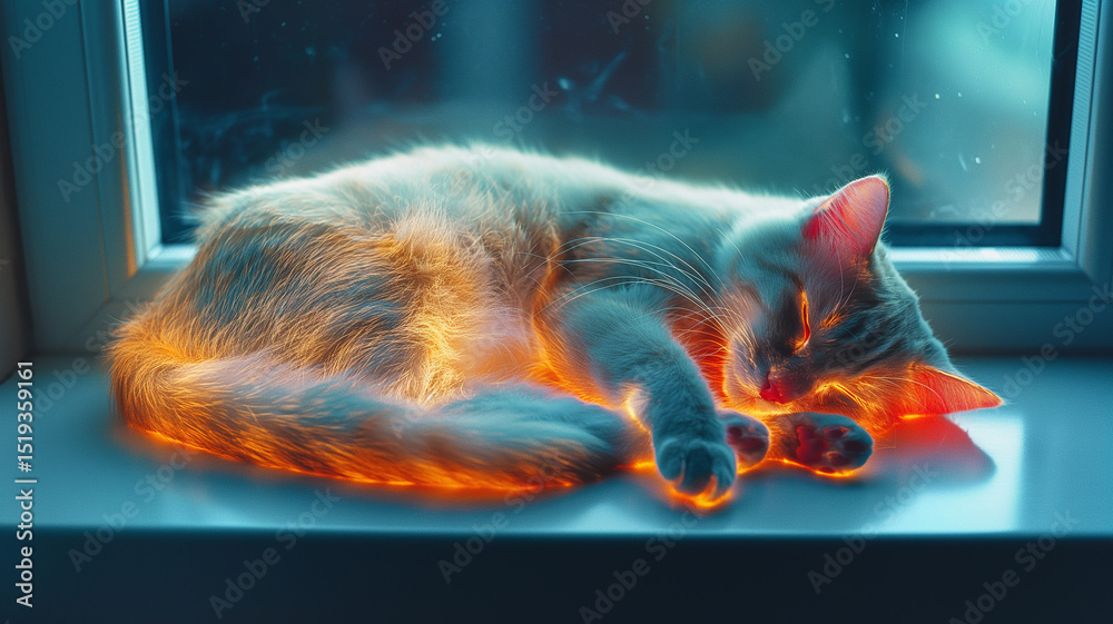 Poster this virtual companion with glowing features relaxes on a windowsill, blending realism and tech.