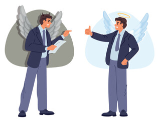 Good and bad boss. Angelic or diabolical behavior of office worker. Businessman with angel and devil wings. Entrepreneur supports employee. Angry man blaming and shouting. Vector concept
