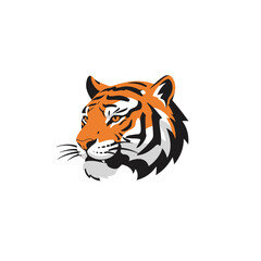 Tiger head illustration with orange and black stripes on white background