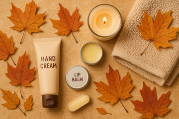 Autumn skincare flat lay with hand cream, lip balm, candle, towel, and fall leaves – seasonal self care and cozy wellness concept

