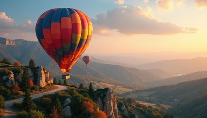 Naklejka premium Colorful hot air balloon soaring over scenic landscape, scenic, flight, rope