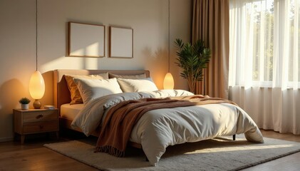 Cozy bedroom, soft lighting, inviting atmosphere, design, cozy, nightstand