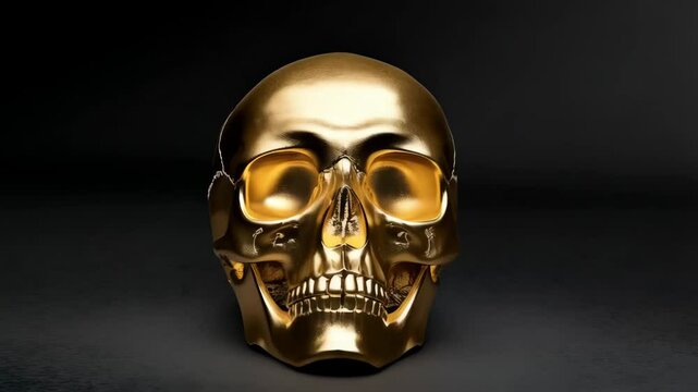 side view of golden human skull on the black background