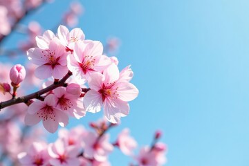 Fototapeta premium Delicate pink cherry blossoms against a clear blue sky , soft, pretty