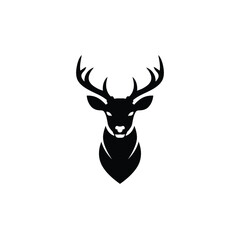 Elegant Black Deer Head Silhouette with Antlers on White Background