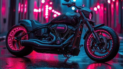 Sleek black motorcycle with neon pink lights in urban setting