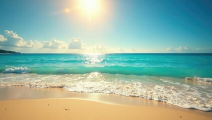 Fototapeta premium Golden sand, bright sun reflecting on turquoise waves, warm, tropical