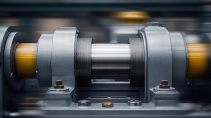 Close up of industrial machinery with metal components and rotating shaft, showcasing precision engineering and mechanical parts in motion, emphasizing manufacturing and engineering processes