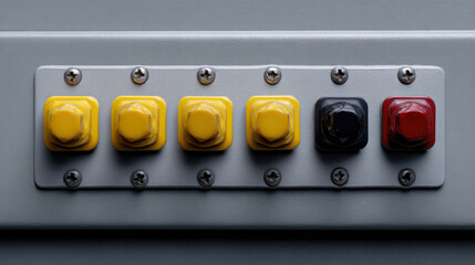 Close up of control panel with six switches, four yellow, one black, and one red, mounted gray surface, indicating electrical or machinery control. switches are different positions, suggesting