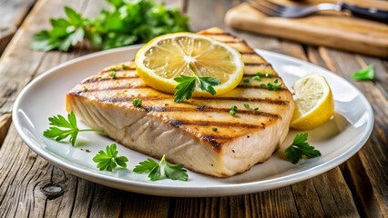 Grilled swordfish steak on white plate with lemon and parsley. Grilled swordfish is perfectly cooked and seasoned. This grilled swordfish image is ideal for restaurant menus, food blogs.