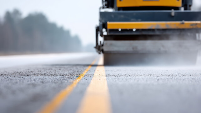 Asphalt road being paved with road construction machine close up view of fresh double yellow lines surface outdoor scene with blurred background daytime industrial equipment use maintenance work