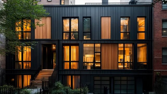 Contemporary urban townhouse with black metal cladding, wood panels, symmetrical windows, and warm evening light glowing on facade