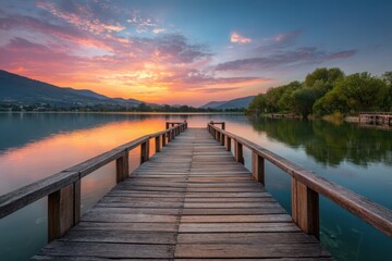 Fototapeta premium Dock over lake at sunset scenery on white background