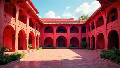 Fototapeta premium Majestic red walls, sweeping curves of eaves, serene courtyard, roof, beauty