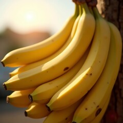 Bunch of Yellow Bananas Hanging Outdoors in Sunlight