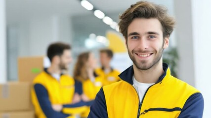 Smiling Delivery Professional with Team: A confident delivery professional stands prominently, exuding warmth and approachability, as their colleagues work diligently.