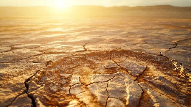 Cracked desert floor with ancient fossil fragments, glowing under warm sunlight, ultra-detailed macro shot with soft golden haze