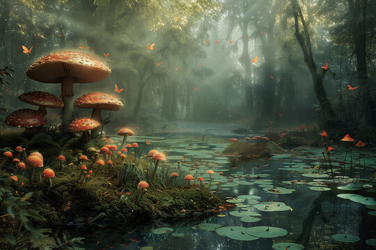 Enchanting fantasy garden with giant mushrooms, glowing dragonflies, and water lilies bathed in dreamy sunlight.