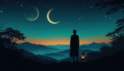 Obraz premium A lone figure observing a celestial landscape under the starry night sky