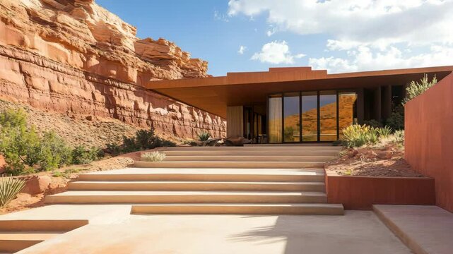 Desert cliffside home with flat roof, wide concrete steps, sunken patio, red rock walls and warm direct sunlight